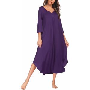 image:imageEkouaer Long Nightgown for Women 34 Sleeves Nightshirt Maxi Sleep Dress Plus Size Loungewear Full Length SleepwearPurple