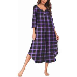 image:imageEkouaer Long Nightgown for Women 34 Sleeves Nightshirt Maxi Sleep Dress Plus Size Loungewear Full Length SleepwearPurple Plaid
