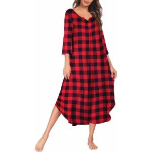 image:imageEkouaer Long Nightgown for Women 34 Sleeves Nightshirt Maxi Sleep Dress Plus Size Loungewear Full Length SleepwearRed Plaid
