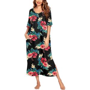 image:imageEkouaer Long Nightgown for Women Short Sleeve Sleepwear Plus Size Loungewear with Pockets M5XLBlack Floral
