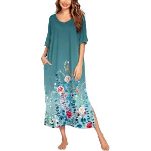 image:imageEkouaer Long Nightgown for Women Short Sleeve Sleepwear Plus Size Loungewear with Pockets M5XLCeladon Floral