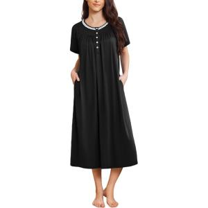 image:imageEkouaer Long Nightgowns for Women Short Sleeve Sleepshirt Button Sleep Dress with PocketsBlack