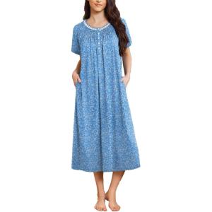 image:imageEkouaer Long Nightgowns for Women Short Sleeve Sleepshirt Button Sleep Dress with PocketsBlue Flower
