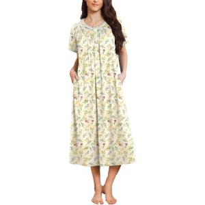 image:imageEkouaer Long Nightgowns for Women Short Sleeve Sleepshirt Button Sleep Dress with PocketsGreen Leaf