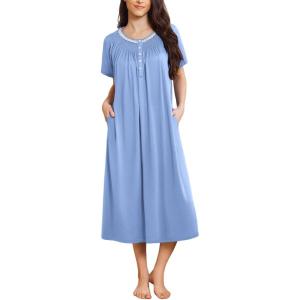 image:imageEkouaer Long Nightgowns for Women Short Sleeve Sleepshirt Button Sleep Dress with PocketsLight Blue