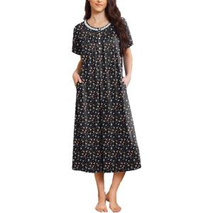 image:imageEkouaer Long Nightgowns for Women Short Sleeve Sleepshirt Button Sleep Dress with PocketsNavy Blue Floral