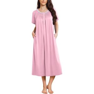 image:imageEkouaer Long Nightgowns for Women Short Sleeve Sleepshirt Button Sleep Dress with PocketsPink