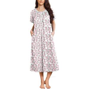 image:imageEkouaer Long Nightgowns for Women Short Sleeve Sleepshirt Button Sleep Dress with PocketsPink Flower