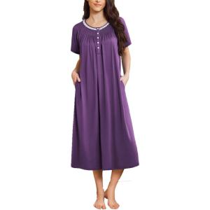 image:imageEkouaer Long Nightgowns for Women Short Sleeve Sleepshirt Button Sleep Dress with PocketsPurple
