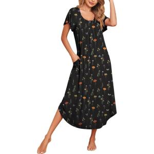 image:imageEkouaer Long Nightgowns for Women with Pockets Short Sleeves Moo Moos for Women Casual Maxi Dress House Dresses SXXXLBlack Butterfly Flower
