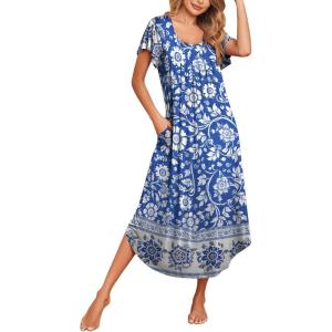 image:imageEkouaer Long Nightgowns for Women with Pockets Short Sleeves Moo Moos for Women Casual Maxi Dress House Dresses SXXXLBohemian Blue