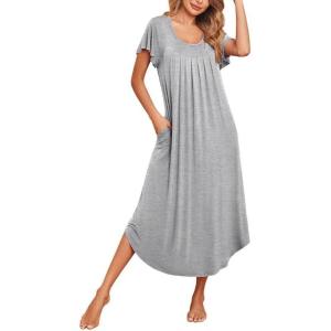 image:imageEkouaer Long Nightgowns for Women with Pockets Short Sleeves Moo Moos for Women Casual Maxi Dress House Dresses SXXXLLight Grey