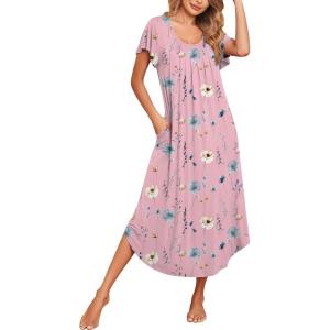 image:imageEkouaer Long Nightgowns for Women with Pockets Short Sleeves Moo Moos for Women Casual Maxi Dress House Dresses SXXXLPink Flower