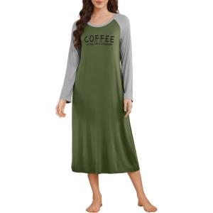 image:imageEkouaer Long Sleeve Nightgowns for Women Calf Length Sleep Shirts Crew Neck Soft Nightshirts SXXLArmy Green Coffee