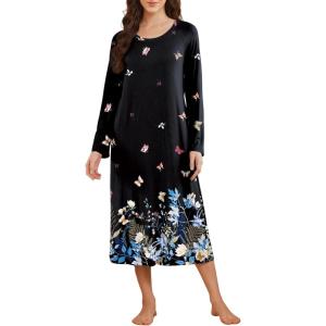 image:imageEkouaer Long Sleeve Nightgowns for Women Calf Length Sleep Shirts Crew Neck Soft Nightshirts SXXLBlack Butterfly Flower
