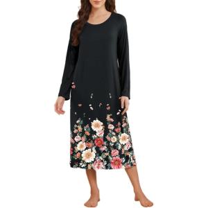 image:imageEkouaer Long Sleeve Nightgowns for Women Calf Length Sleep Shirts Crew Neck Soft Nightshirts SXXLBlack Flower