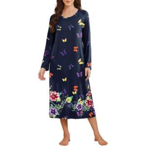 image:imageEkouaer Long Sleeve Nightgowns for Women Calf Length Sleep Shirts Crew Neck Soft Nightshirts SXXLPurple Butterfly Flower