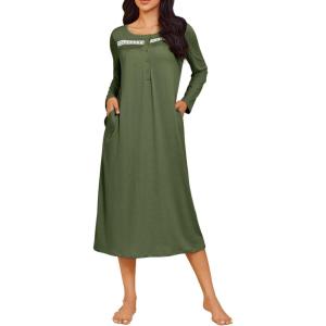 image:imageEkouaer Long Sleeve Nightgowns for Women Long Sleepshirts Button Night Gowns Sleepwear Full Length Sleep Dress with PocketsArmy Green