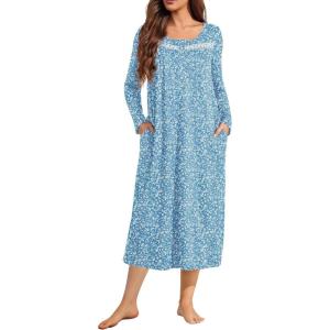 image:imageEkouaer Long Sleeve Nightgowns for Women Long Sleepshirts Button Night Gowns Sleepwear Full Length Sleep Dress with PocketsBlue Flower