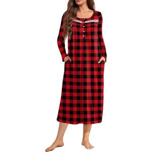 image:imageEkouaer Long Sleeve Nightgowns for Women Long Sleepshirts Button Night Gowns Sleepwear Full Length Sleep Dress with PocketsChristmas Plaid