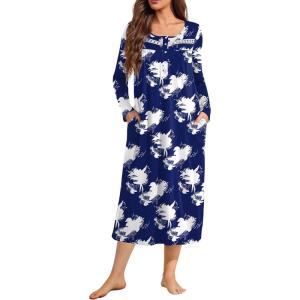 image:imageEkouaer Long Sleeve Nightgowns for Women Long Sleepshirts Button Night Gowns Sleepwear Full Length Sleep Dress with PocketsFloral Navy Blue