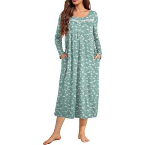 image:imageEkouaer Long Sleeve Nightgowns for Women Long Sleepshirts Button Night Gowns Sleepwear Full Length Sleep Dress with PocketsGreen Flower