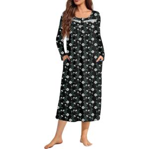image:imageEkouaer Long Sleeve Nightgowns for Women Long Sleepshirts Button Night Gowns Sleepwear Full Length Sleep Dress with PocketsNavy Blue Flower