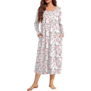 image:imageEkouaer Long Sleeve Nightgowns for Women Long Sleepshirts Button Night Gowns Sleepwear Full Length Sleep Dress with PocketsPink Flower