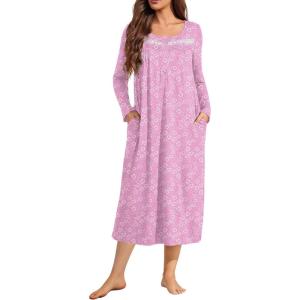 image:imageEkouaer Long Sleeve Nightgowns for Women Long Sleepshirts Button Night Gowns Sleepwear Full Length Sleep Dress with PocketsPink Flroal
