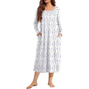 image:imageEkouaer Long Sleeve Nightgowns for Women Long Sleepshirts Button Night Gowns Sleepwear Full Length Sleep Dress with PocketsPurple Flower