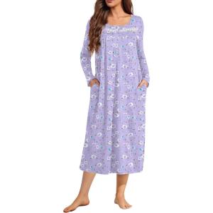 image:imageEkouaer Long Sleeve Nightgowns for Women Long Sleepshirts Button Night Gowns Sleepwear Full Length Sleep Dress with PocketsPurple Flroal