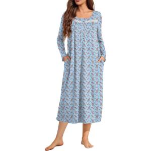 image:imageEkouaer Long Sleeve Nightgowns for Women Long Sleepshirts Button Night Gowns Sleepwear Full Length Sleep Dress with PocketsRed Flroal