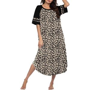 image:imageEkouaer Nightgowns for Women Cotton Long Night Gowns Plus Size Moo Moos Short Sleeve House Dress Soft Sleep Shirts S5XLBrown Leopard Print