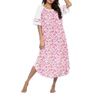 image:imageEkouaer Nightgowns for Women Cotton Long Night Gowns Plus Size Moo Moos Short Sleeve House Dress Soft Sleep Shirts S5XLPink Floral