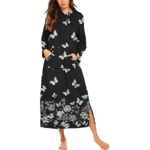 image:imageEkouaer Nightgowns for Women Cotton Nightgown Long Sleeve Hooded Night Gown Contrast Color Full Length Loungewear with PocketBlack Butterfly