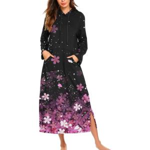 image:imageEkouaer Nightgowns for Women Cotton Nightgown Long Sleeve Hooded Night Gown Contrast Color Full Length Loungewear with PocketBlack Cherry Blossoms