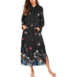 image:imageEkouaer Nightgowns for Women Cotton Nightgown Long Sleeve Hooded Night Gown Contrast Color Full Length Loungewear with PocketBlack Colorful Butterfly