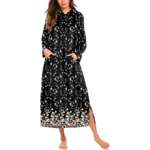 image:imageEkouaer Nightgowns for Women Cotton Nightgown Long Sleeve Hooded Night Gown Contrast Color Full Length Loungewear with PocketBlack Flowers