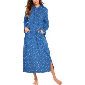 image:imageEkouaer Nightgowns for Women Cotton Nightgown Long Sleeve Hooded Night Gown Contrast Color Full Length Loungewear with PocketBlue Dog Footprints
