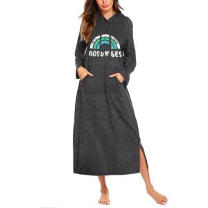 image:imageEkouaer Nightgowns for Women Cotton Nightgown Long Sleeve Hooded Night Gown Contrast Color Full Length Loungewear with PocketDark Grey Rainbow
