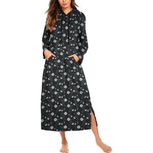 image:imageEkouaer Nightgowns for Women Cotton Nightgown Long Sleeve Hooded Night Gown Contrast Color Full Length Loungewear with PocketNavy Flowers