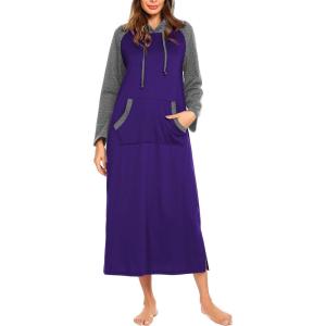 image:imageEkouaer Nightgowns for Women Cotton Nightgown Long Sleeve Hooded Night Gown Contrast Color Full Length Loungewear with PocketPurple