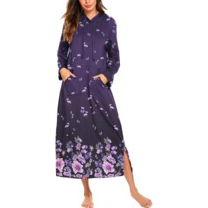 image:imageEkouaer Nightgowns for Women Cotton Nightgown Long Sleeve Hooded Night Gown Contrast Color Full Length Loungewear with PocketPurple Flower