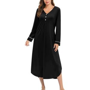 image:imageEkouaer Nightgowns for Women Long Sleeve Nightgown Long Sleepwear Button Down Sleep Shirt Soft Night Gown S4XLBlack