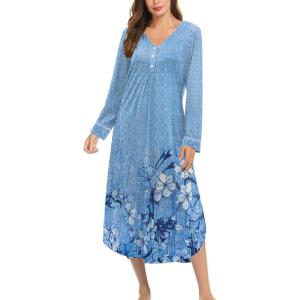 image:imageEkouaer Nightgowns for Women Long Sleeve Nightgown Long Sleepwear Button Down Sleep Shirt Soft Night Gown S4XLBlue Floral