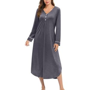 image:imageEkouaer Nightgowns for Women Long Sleeve Nightgown Long Sleepwear Button Down Sleep Shirt Soft Night Gown S4XLGray