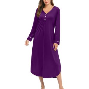 image:imageEkouaer Nightgowns for Women Long Sleeve Nightgown Long Sleepwear Button Down Sleep Shirt Soft Night Gown S4XLPurple