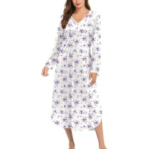 image:imageEkouaer Nightgowns for Women Long Sleeve Nightgown Long Sleepwear Button Down Sleep Shirt Soft Night Gown S4XLPurple Floral