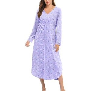 image:imageEkouaer Nightgowns for Women Long Sleeve Nightgown Long Sleepwear Button Down Sleep Shirt Soft Night Gown S4XLPurple Flowers
