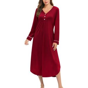 image:imageEkouaer Nightgowns for Women Long Sleeve Nightgown Long Sleepwear Button Down Sleep Shirt Soft Night Gown S4XLRed